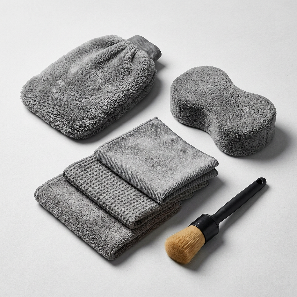 Grey car cleaning tools close-up