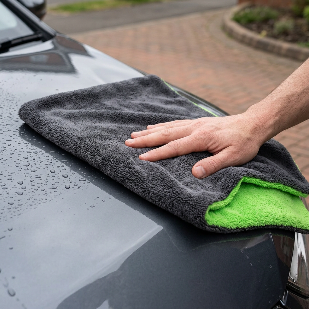 Car drying towel in use