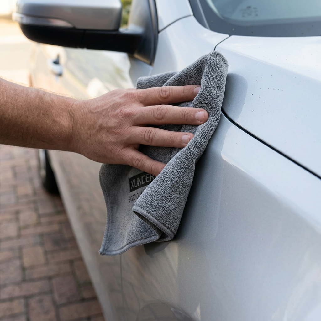 Grey microfibre cloth in use on a car