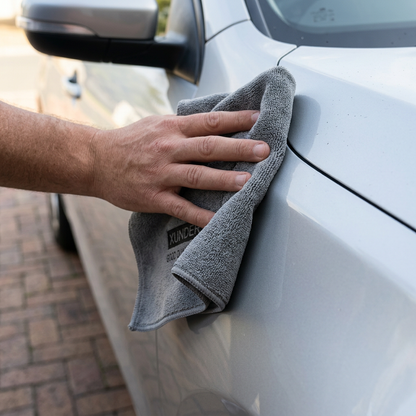 Grey microfibre cloth in use on a car