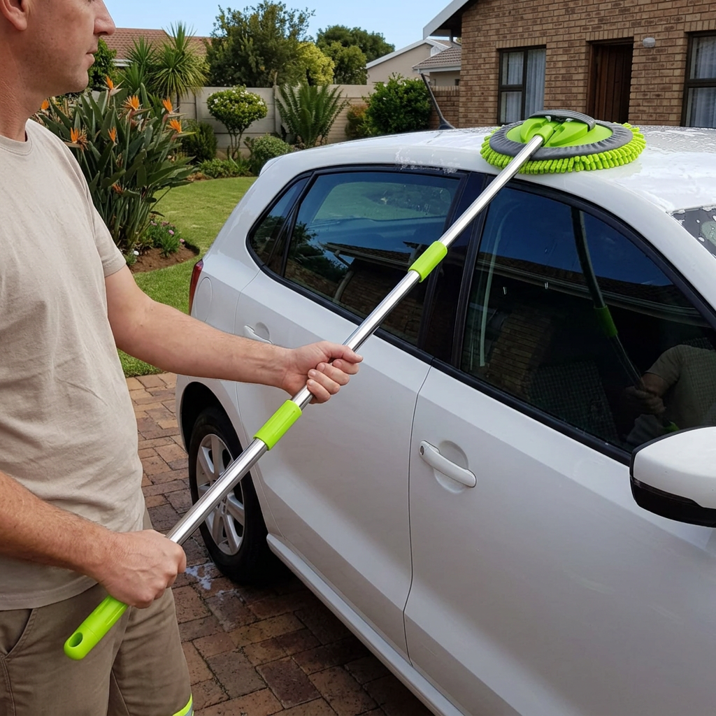 Long-handled brush being used to wash a car