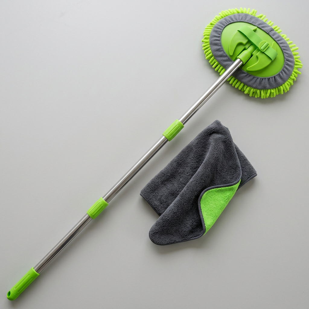 Overhead mop and towel bundle on a light grey surface